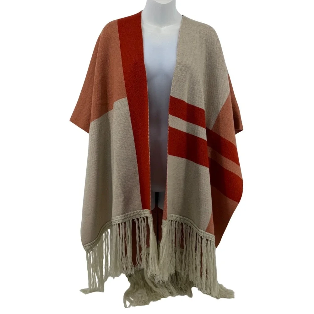 Frye Ruana Shawl Poncho One Size Apricot Colorblock Fringe NWT with flaw